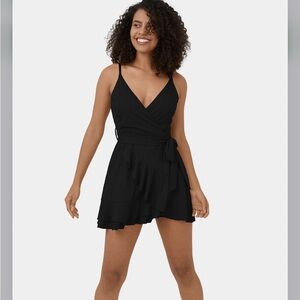 Backless V Neck Sleeveless Lace Up Ruffle 2-piece Side Pocket Flowy Casual Mini